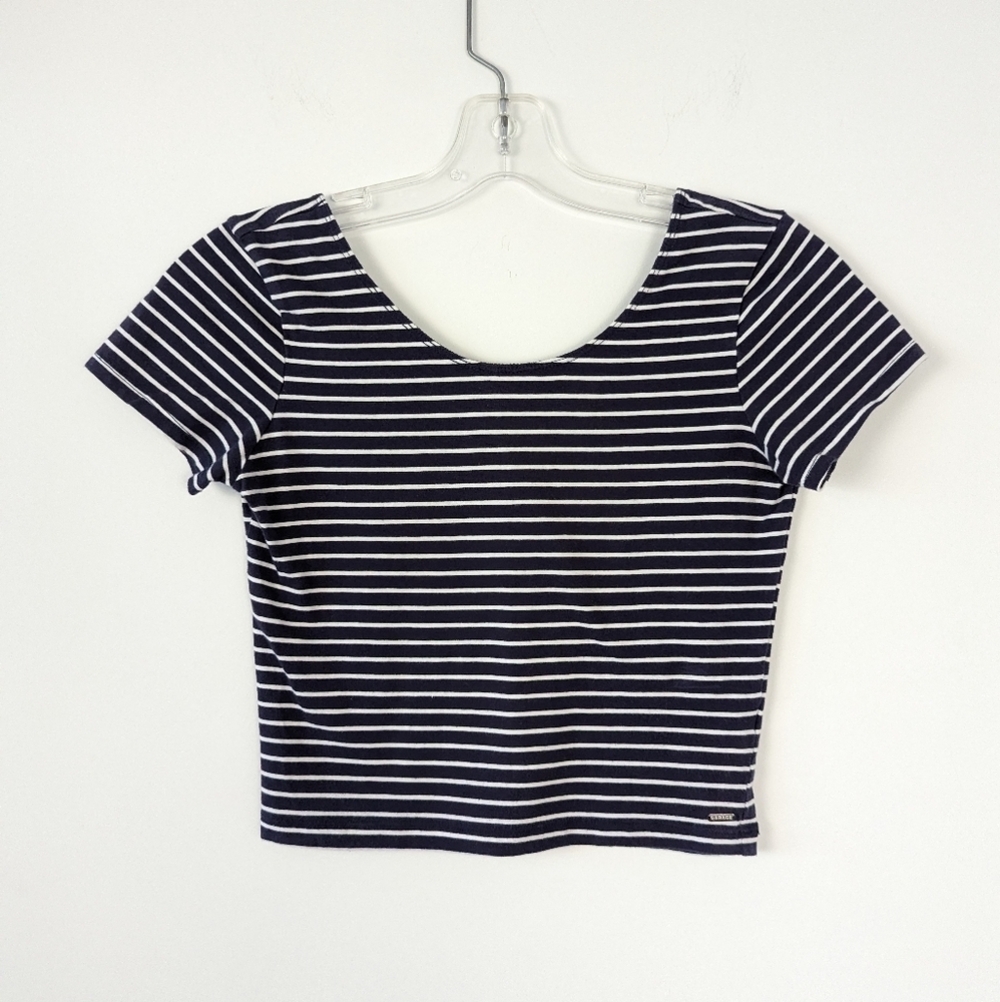 Garage Navy Blue and White Striped V-Neck Tee - Size S/P Cropped Tee Baby Tee